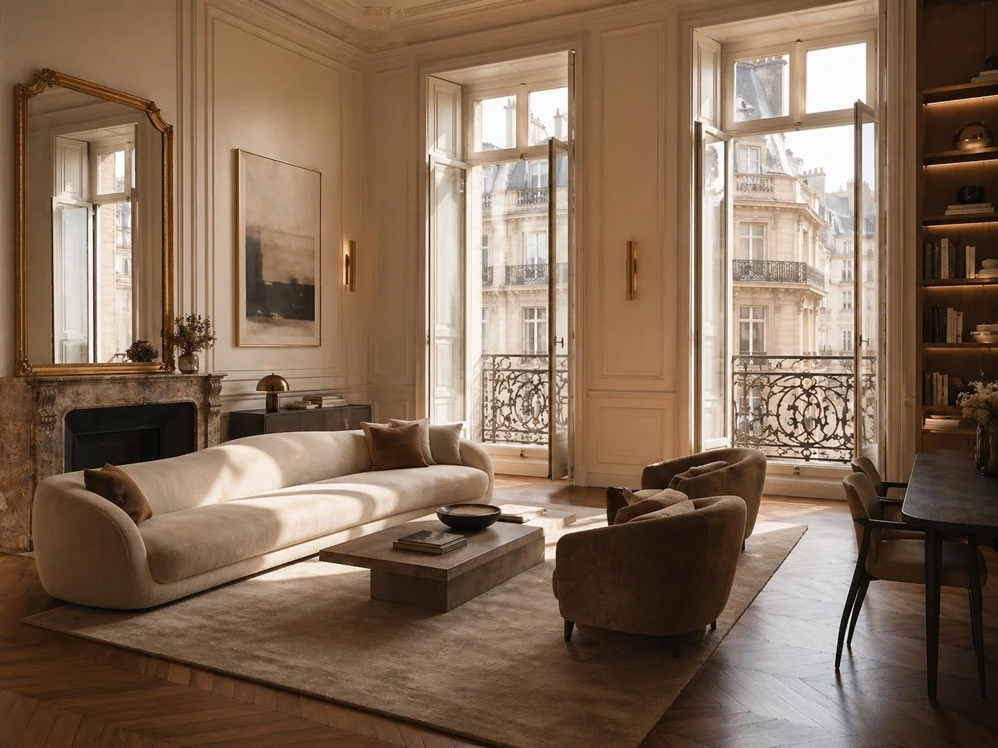 Elegant Parisian living room with large open windows, a cream-colored sofa, two armchairs, a marble fireplace with a mirror above, and a bookshelf with decorative items.