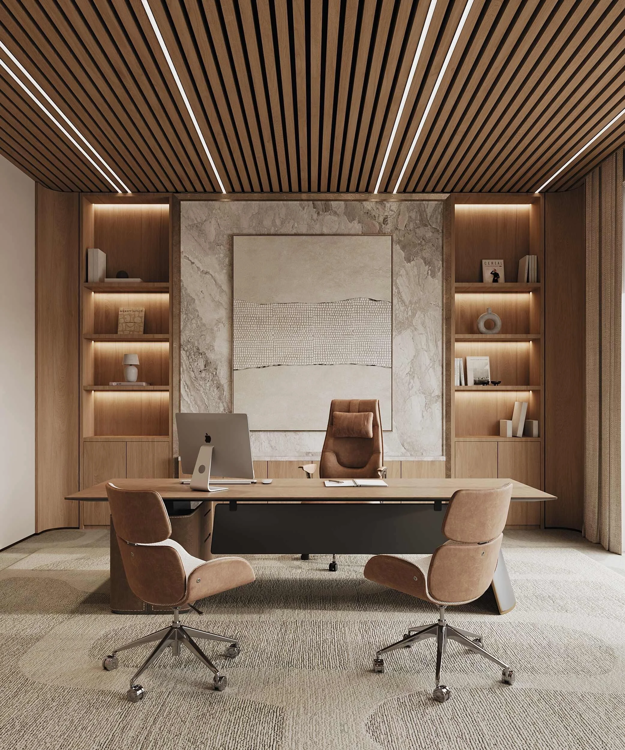 Modern office with a wood ceiling, built-in wall shelves with books and decorative items, a large table with four rolling chairs, and a beige carpet.