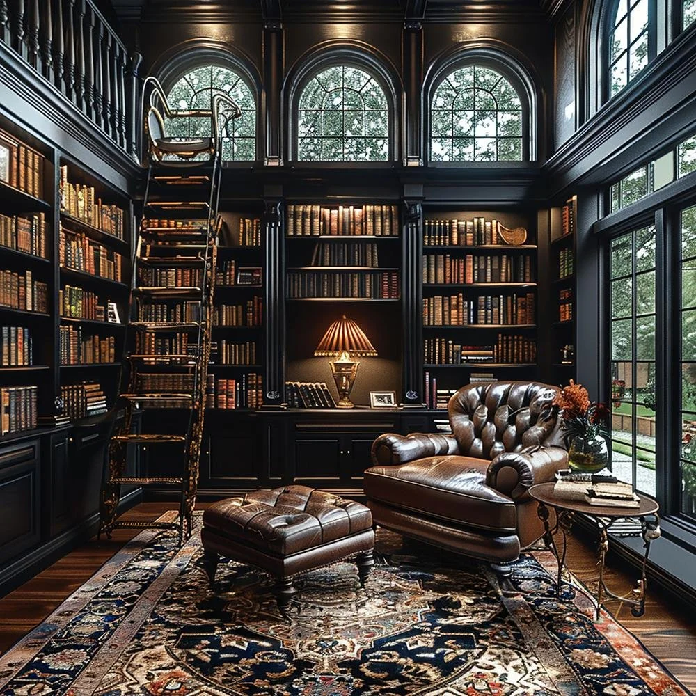 A luxurious study room with floor-to-ceiling black bookshelves filled with books, a leather armchair with a matching ottoman, and a tall window with arched panes allowing natural light. There is a ladder for reaching high shelves, a table lamp, and a decorative rug on the wooden floor.