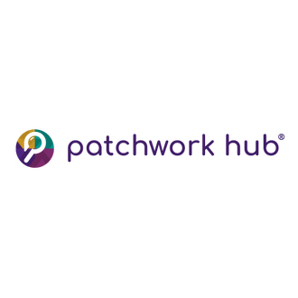 patchworkhub logo, purple text on a transparent background. Logo is a multi-coloured magnifying glass