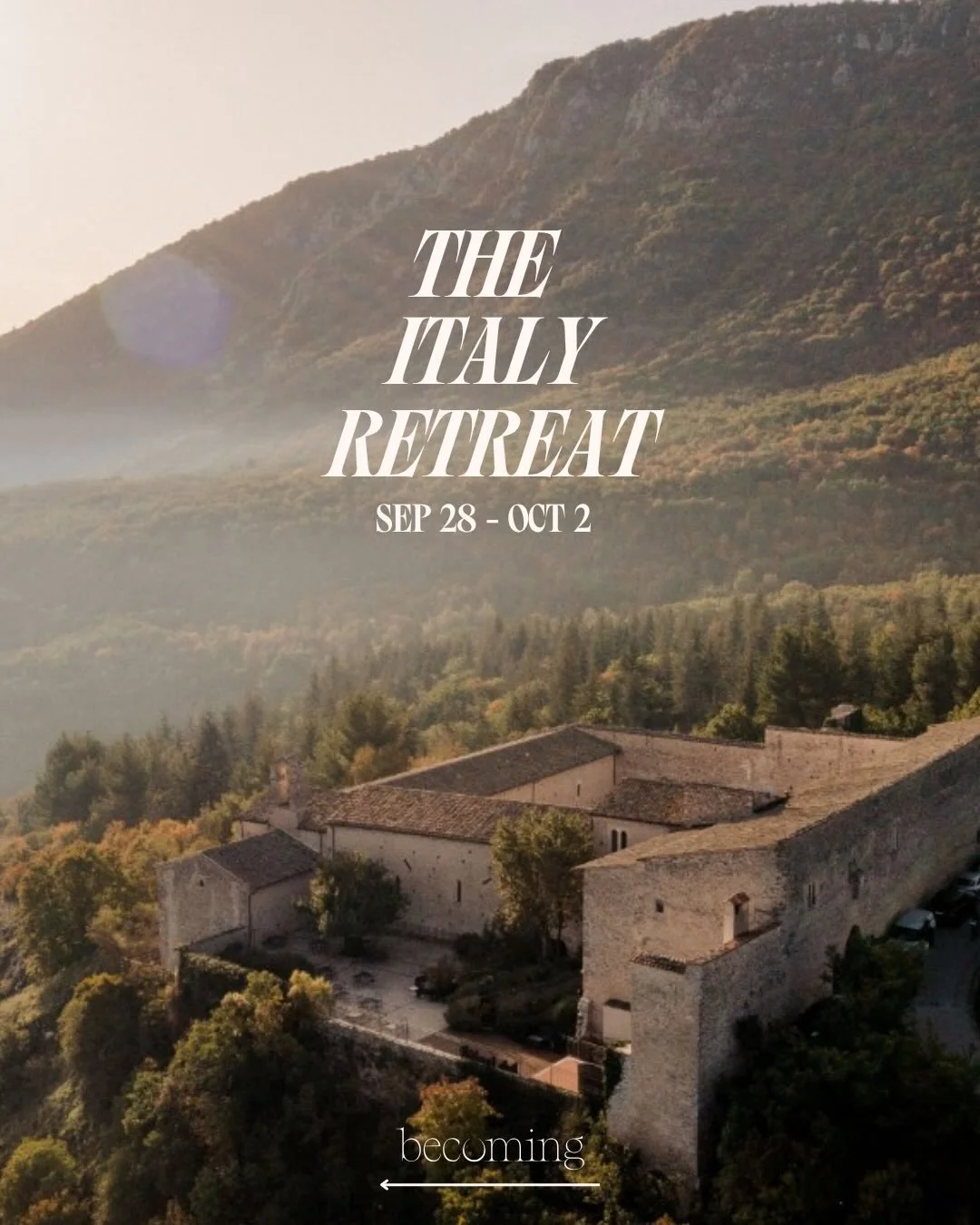 ✨ THE ITALY RETREAT IS HERE ✨

September 28 &ndash; October 2 | Abruzzo, Italy

We&rsquo;re gathering in a 13th-century monastery in the Apennine Mountains &mdash; 32 acres of forest, wildflowers, and mountain trails just 90 minutes east of Rome &mda