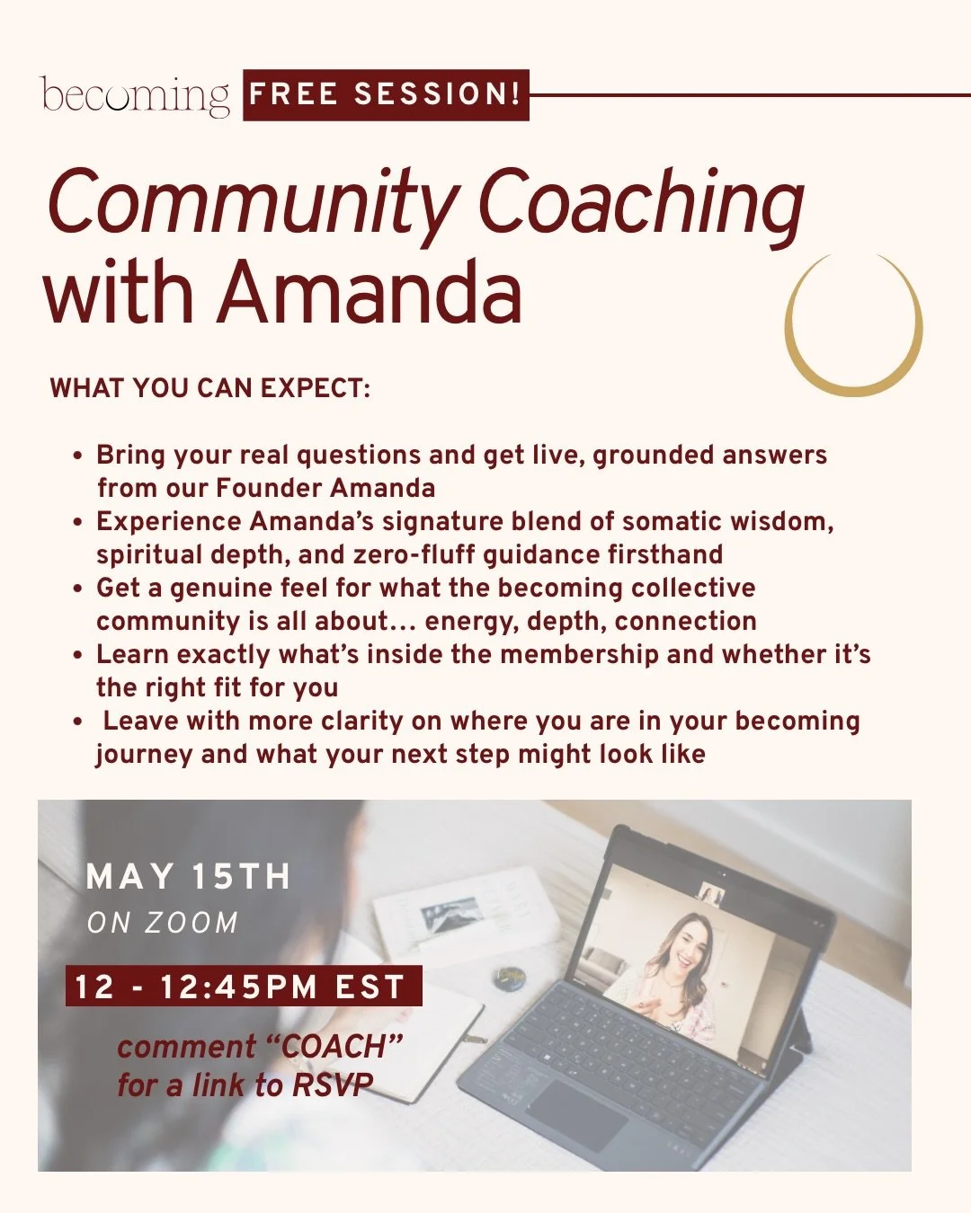 🧐 Curious about our work at @becoming_collective_?

In need of a little expert guidance but not looking to invest in a 1-1 coach?

Come join us next Friday May 15th for an absolutely FREE community coaching session hosted by our founder @amandabaudi