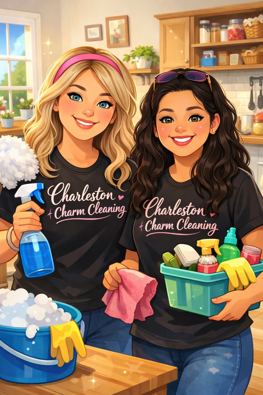 Two women smiling in a kitchen, wearing matching Charleston Charm Cleaning t-shirts, holding cleaning supplies and a pink cleaning cloth, with cleaning products in a green container, surrounded by cleaning tools and bubbles.