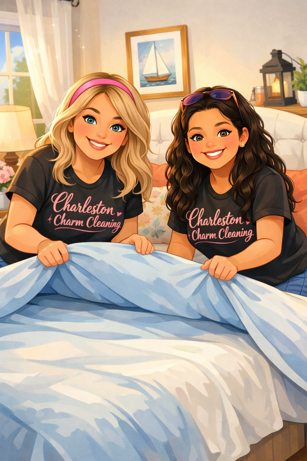 Two smiling young women with blonde and brunette hair, wearing black T-shirts with pink text that reads "Charleston + Charm Cleaning," sitting on a bed in a cozy bedroom, holding a light blue blanket.