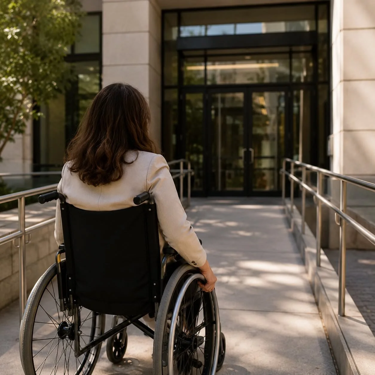 A woman in a wheelchair approaching a building entrance with glass doors and a ramp.