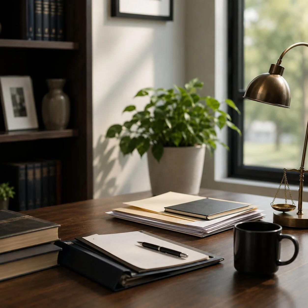 Office desk with stacked papers, a black mug, a closed notebook, and a pen. There is a green potted plant on the desk near a window with natural light. A bookshelf with decorative items and books is in the background.
