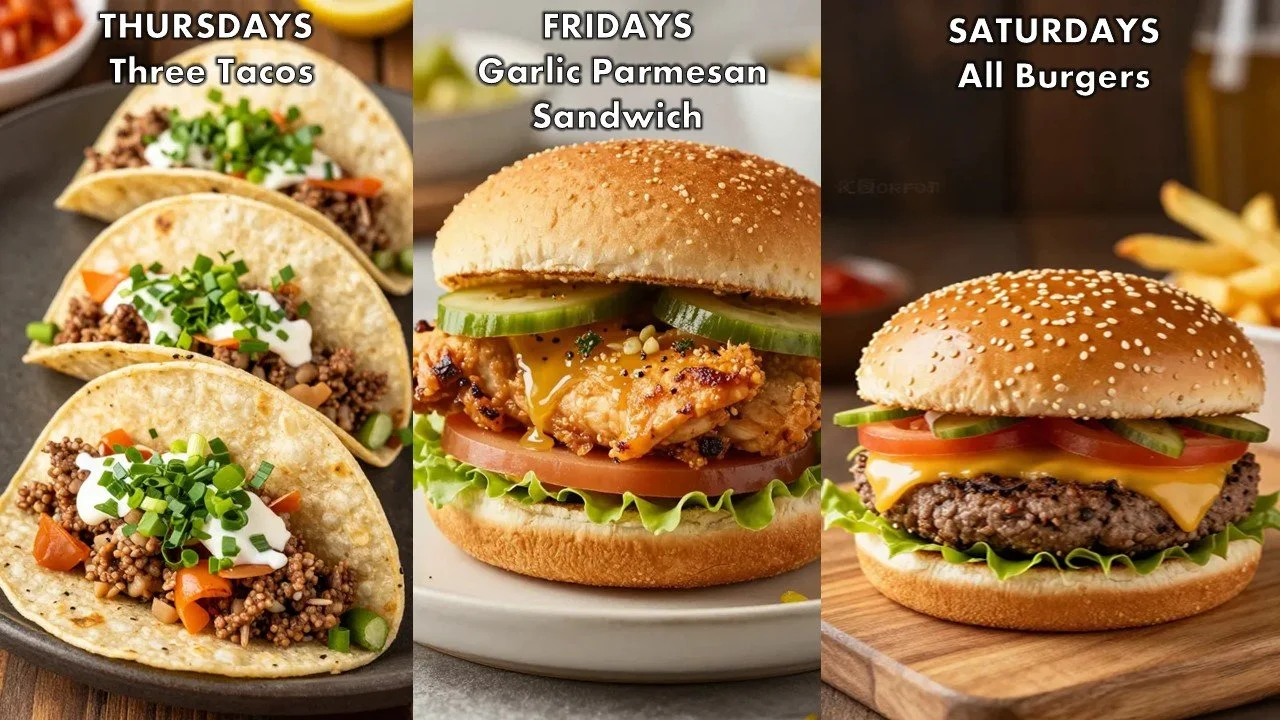 Image showing three different days with specific food items: tacos on Thursday, garlic parmesan sandwich on Friday, and cheeseburgers on Saturday.