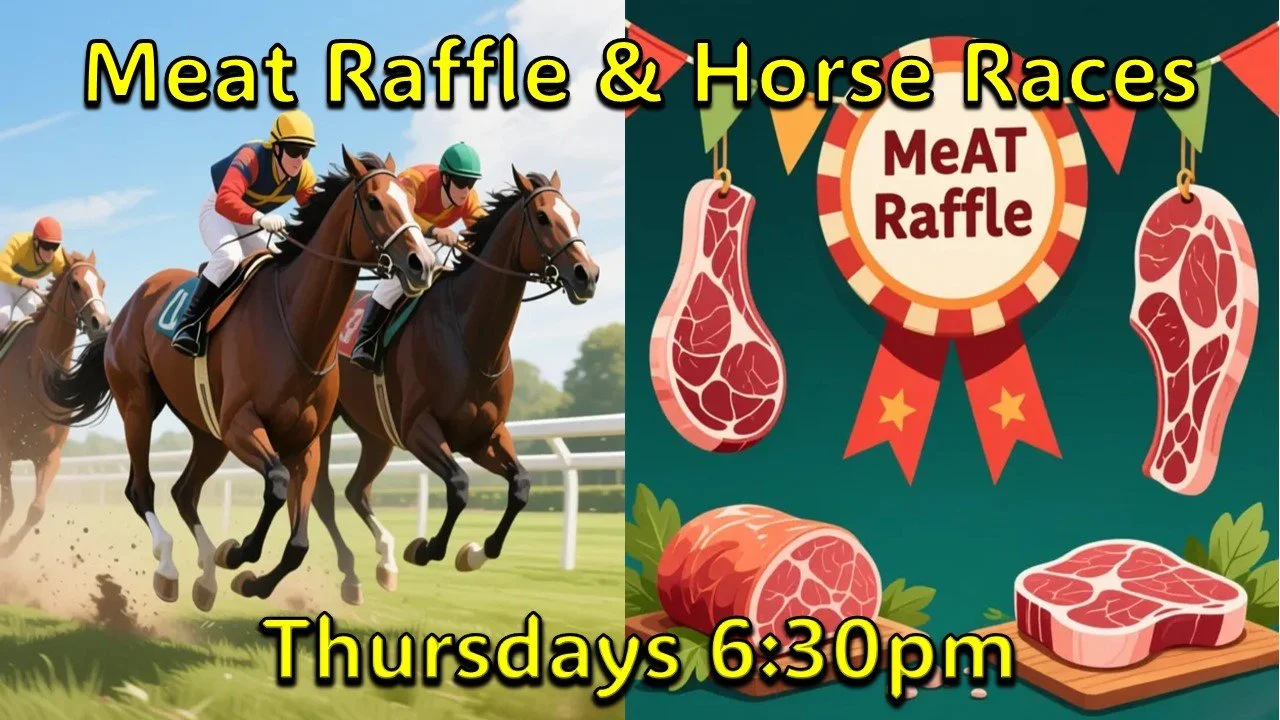 A promotional poster for a meat raffle and horse races event. The poster splits into two sections: the left shows a horse race with jockeys riding horses, and the right features various cuts of meat hanging and laid out on a table, with a red and white toadstool-shaped sign reading "Meat Raffle." Text overlay states the event is on Thursday at 6:30 pm.