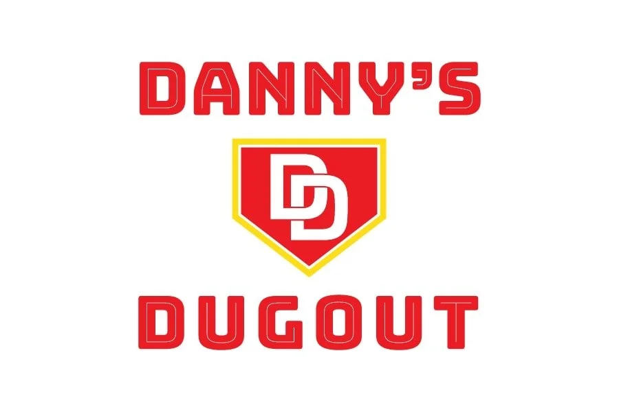 Logo for Danny's Dugout featuring red text and a shield emblem with the initials DD outlined in yellow.