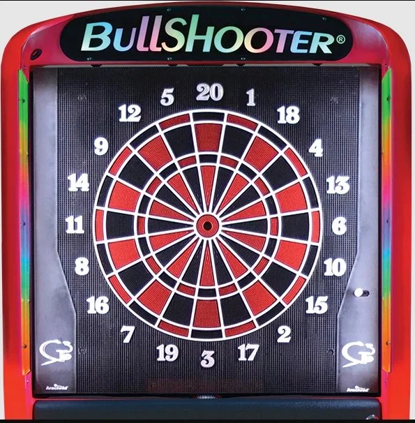 Colorful electronic dartboard with rings divided into numbered sections from 1 to 20 and sections marked with red and black colors, branded as Bullshooter.
