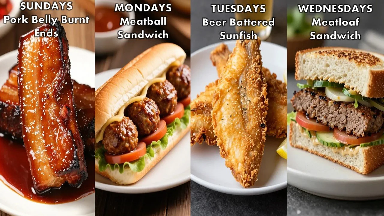 Weekly menu featuring different dishes for each day: Sunday, pork belly burnt ends; Monday, meatball sandwich; Tuesday, beer battered sunfish; Wednesday, meatloaf sandwich.