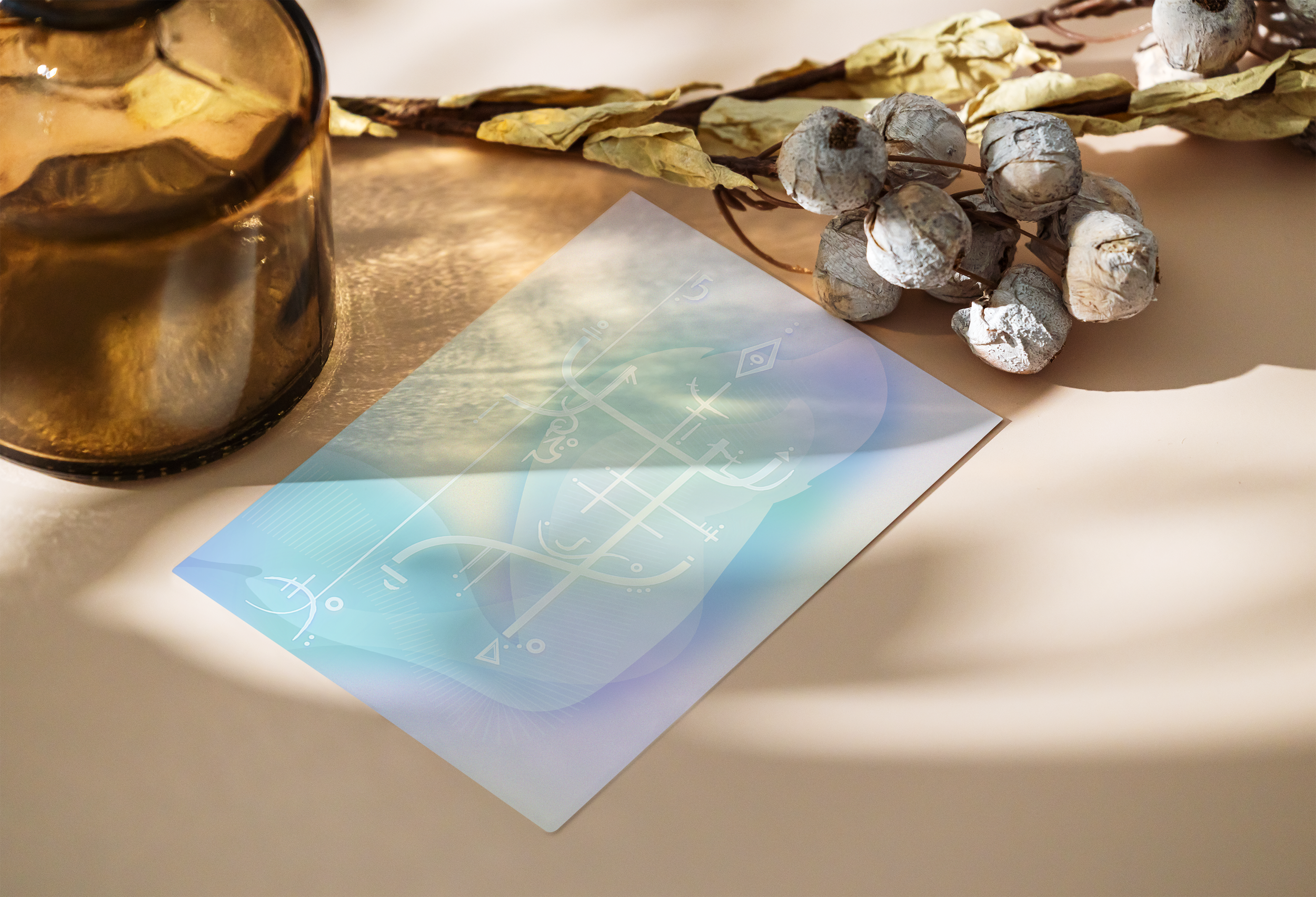 Personal light code — channeled light language symbols and energy patterns, unique sacred art on holographic background