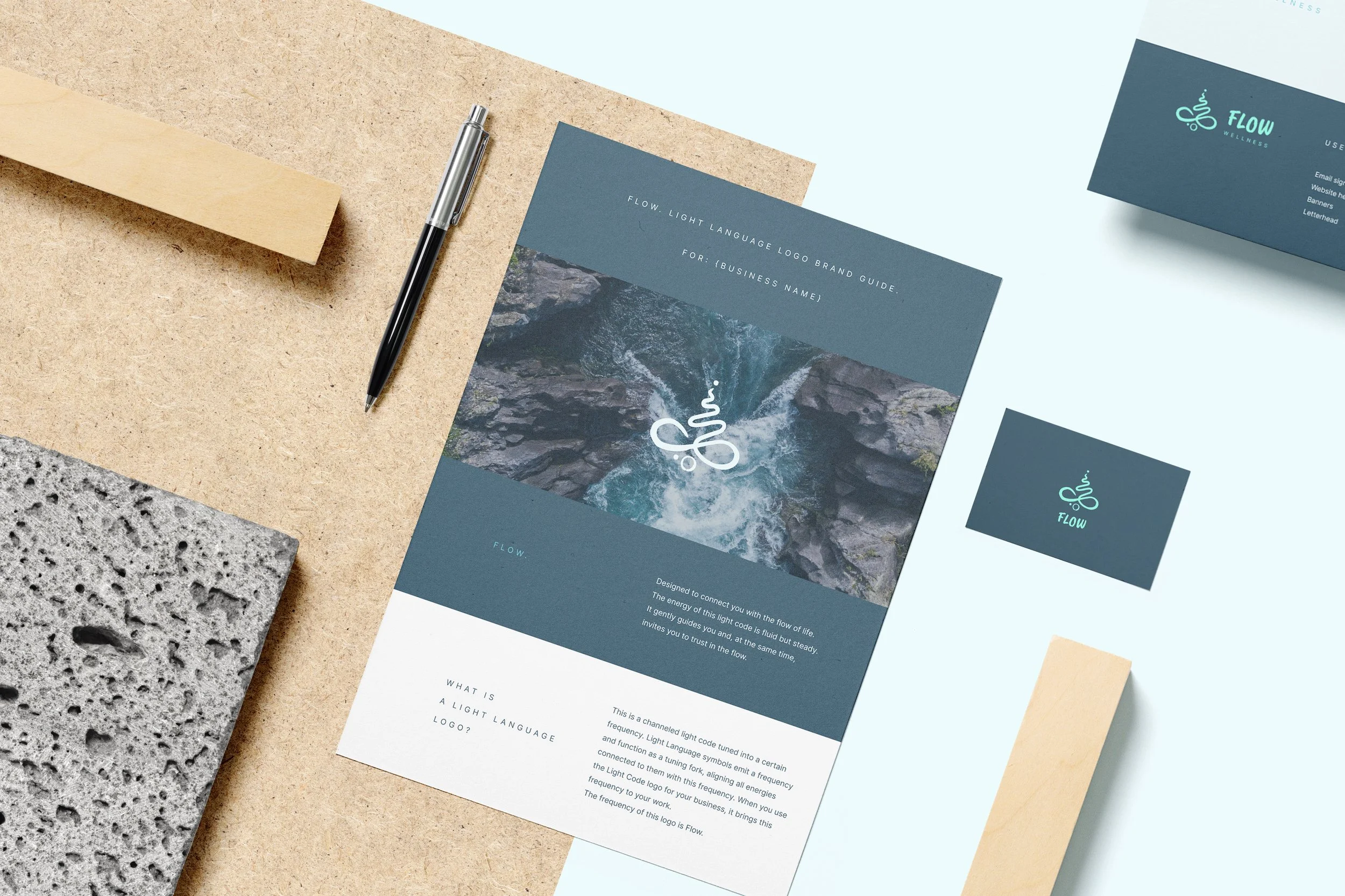 Flow light language logo package — semi-custom personalized logo PNG files color palette and brand guide for wellness business