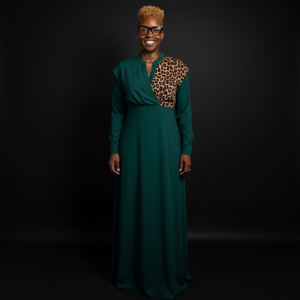 A woman with short, curly blonde hair and glasses is smiling, wearing a long green dress with a leopard print patch on the shoulder, standing against a black background.