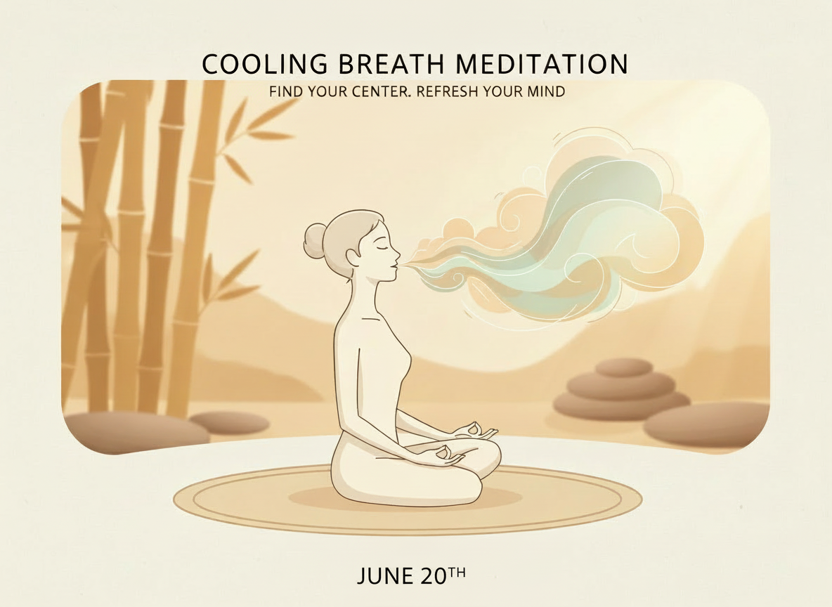 Illustration of a woman sitting cross-legged in a meditation pose, breathing out calming air or vapor, outdoors with bamboo and rocks, promoting cooling breath meditation on June 20th.