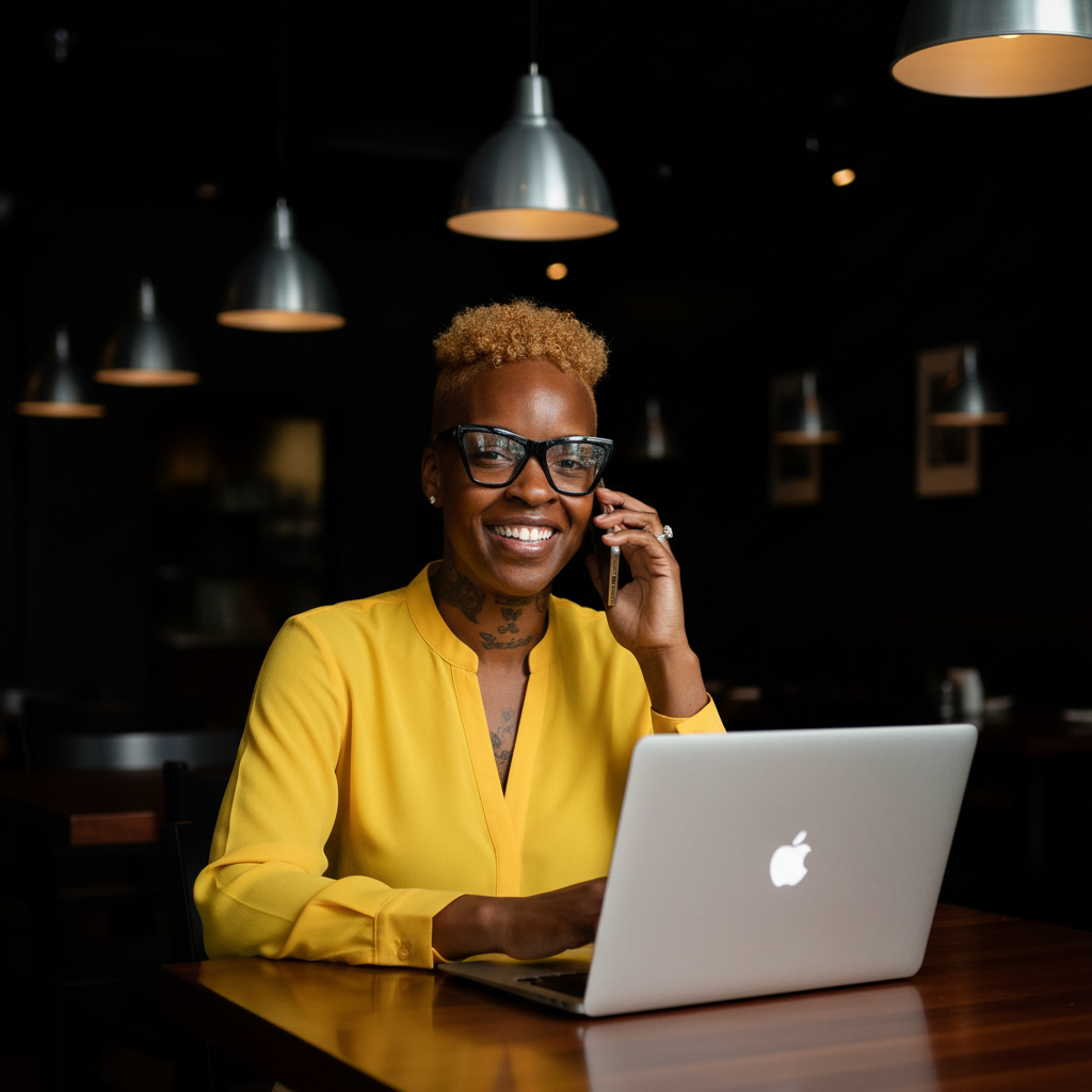 A smiling woman with short curly hair, glasses, and tattoos on her neck, wearing a yellow blouse, working on a laptop while talking on her phone in a dimly lit cafe.