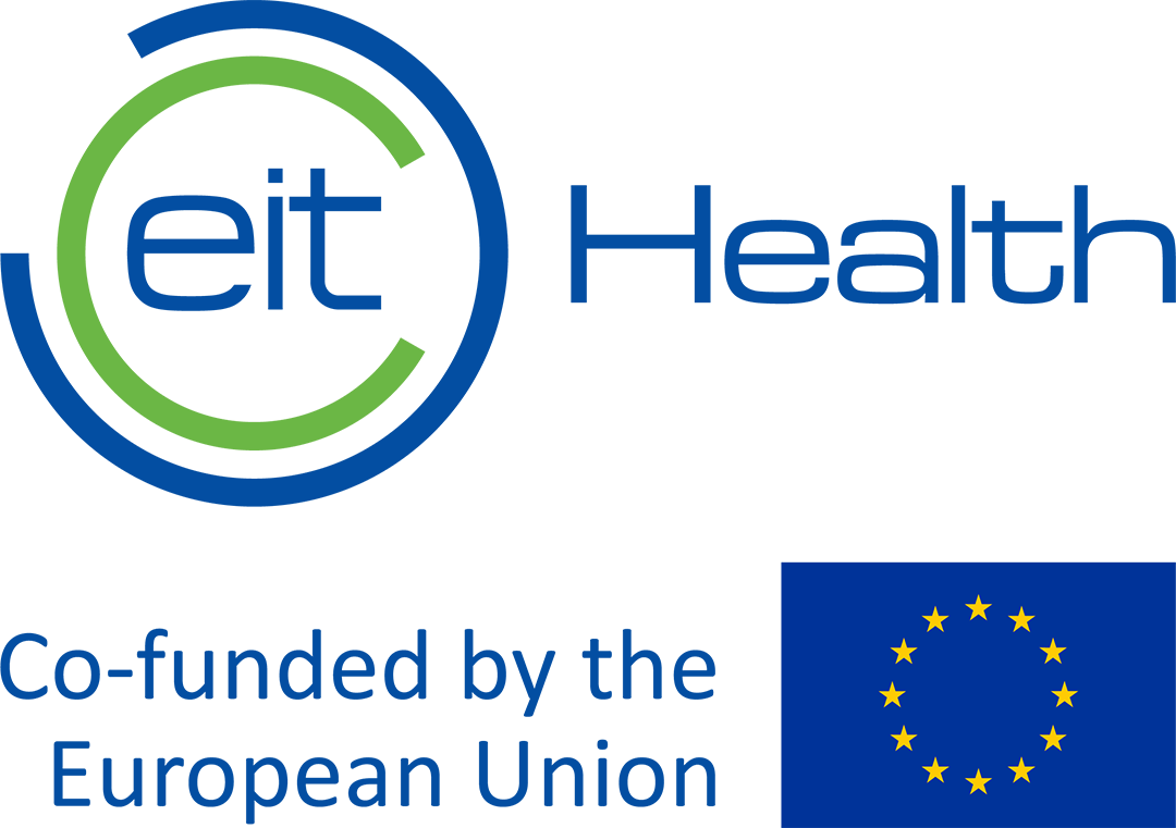 Logo for EIT Health, co-funded by the European Union, featuring the EIT Health text, circular design, and European Union flag with yellow stars on blue background.