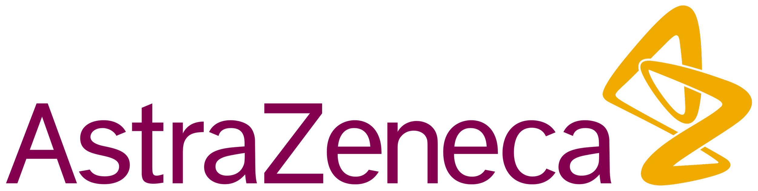 A logo with the word 'AstraZeneca' in purple text and a yellow abstract icon resembling a double helix on the right