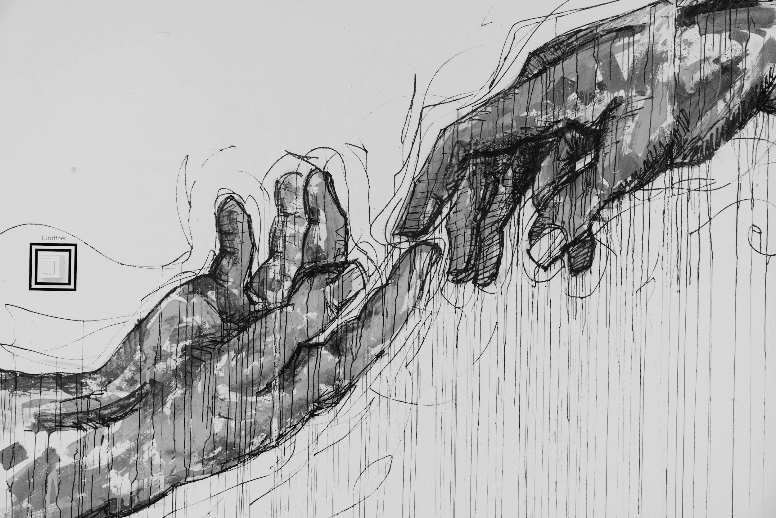 Black and white sketch of two hands reaching out to each other, reminiscent of Michelangelo's "The Creation of Adam".