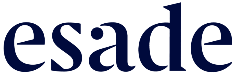 Close-up of the Esade logo in dark blue text on a white background.