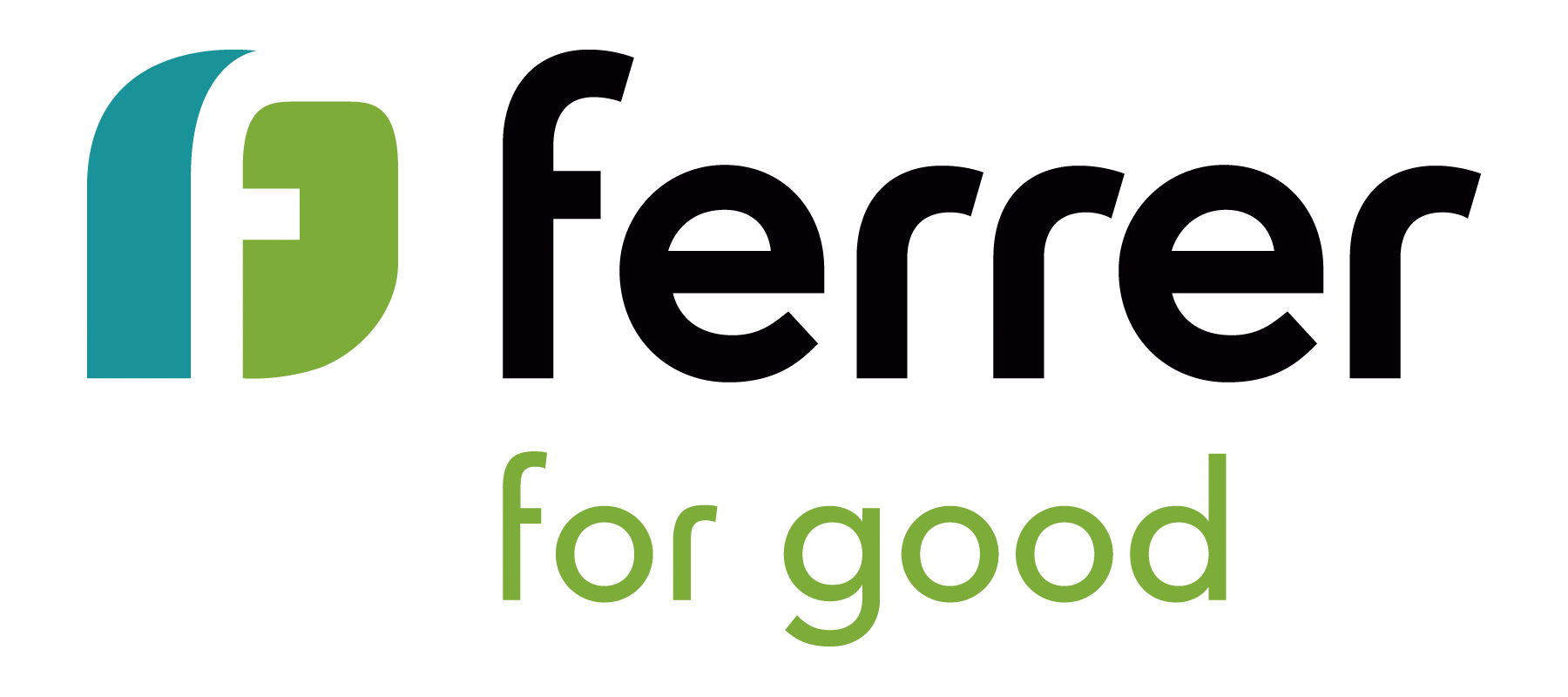 Ferrer for good logo with stylized green and blue icon and black and green text.