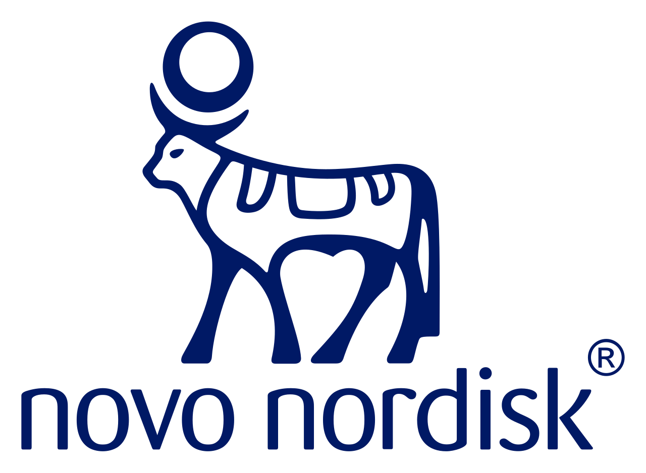 Novo Nordisk logo featuring a stylized blue outline of a moose with a circle above its back and the company name beneath.