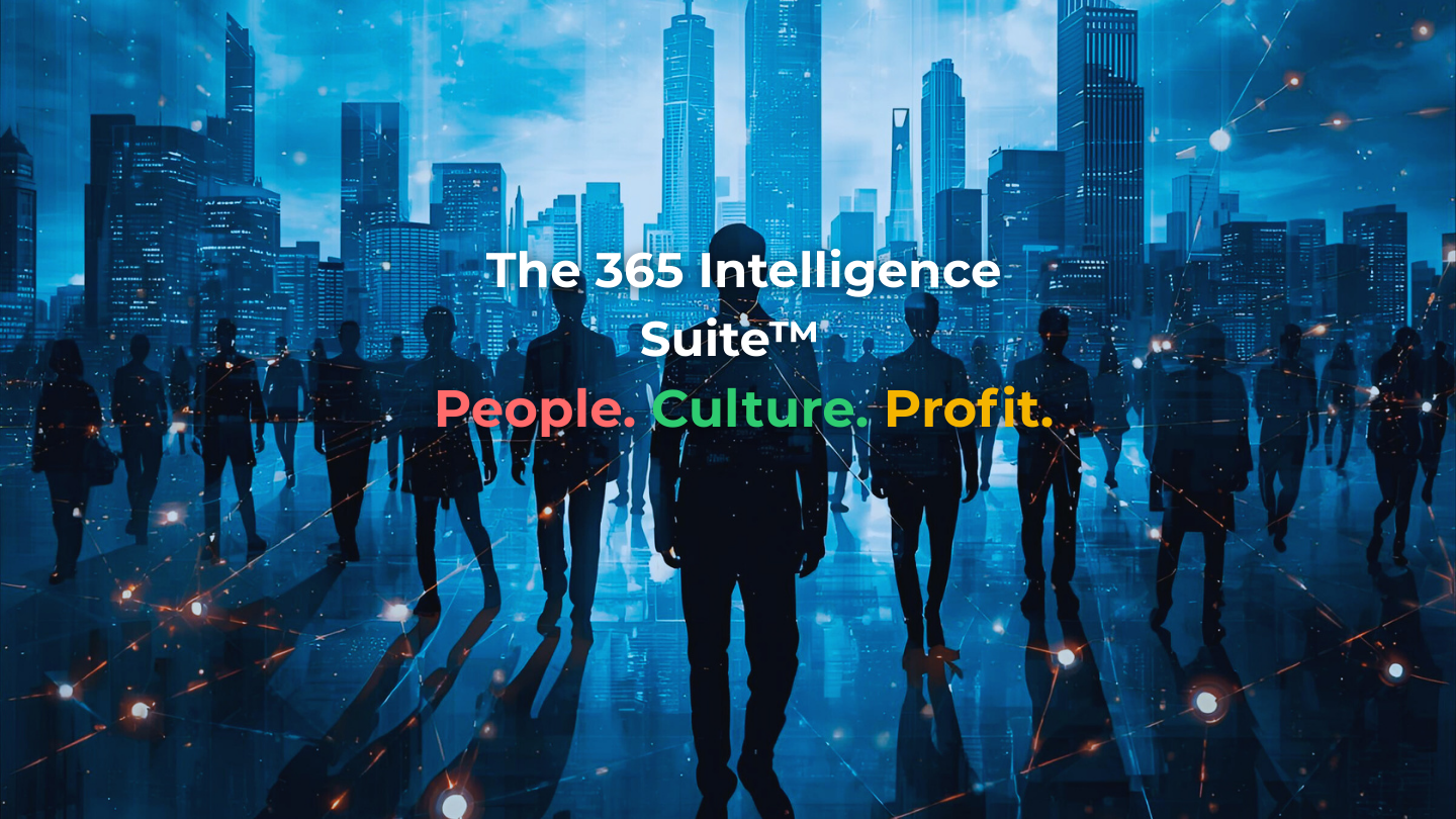 Silhouettes of businesspeople walking in a futuristic cityscape with tall buildings and digital network connections, overlaid with the text "The 365 Intelligence Suite™ People. Culture. Profit."