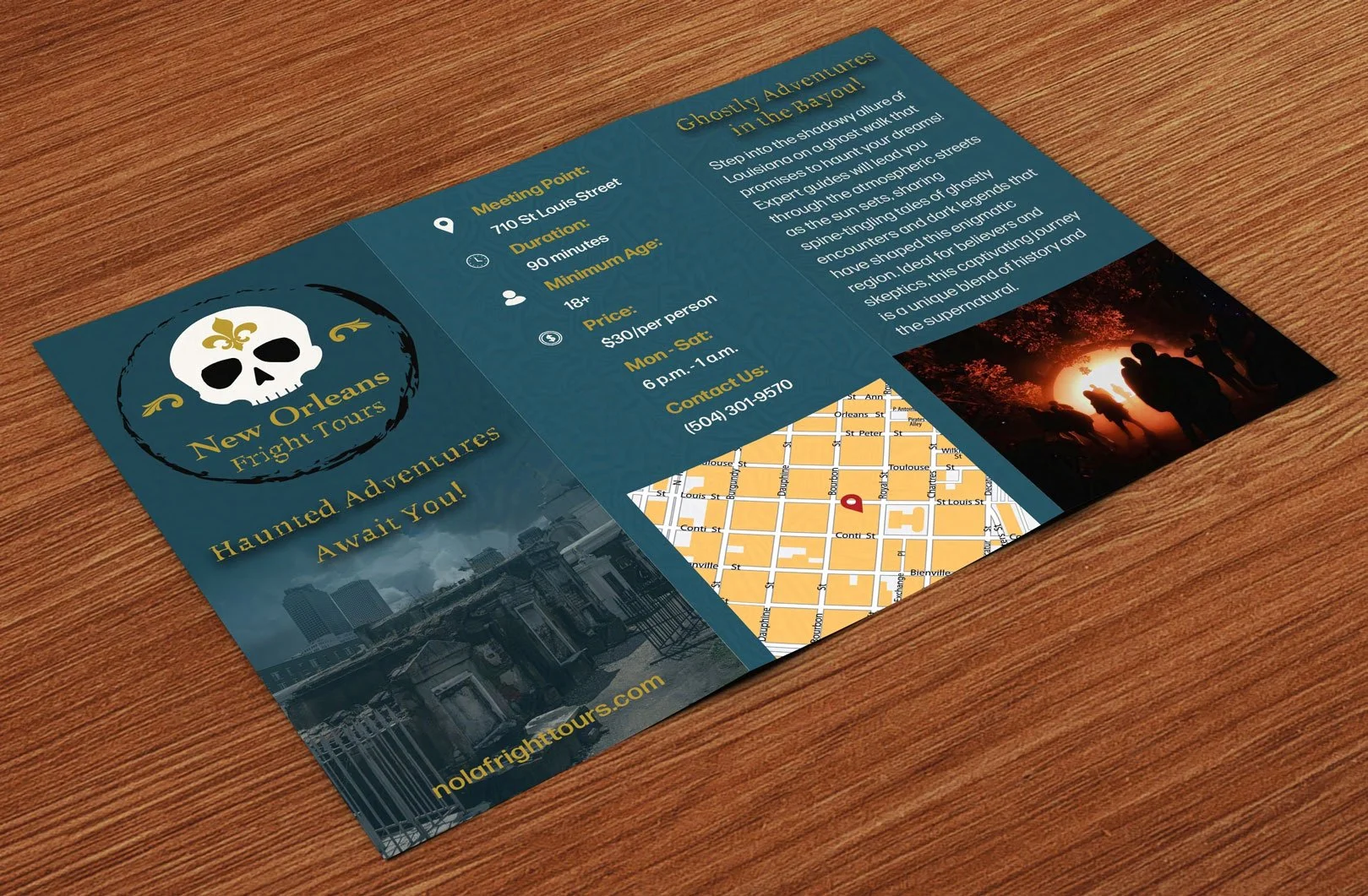 Halloween-themed New Orleans Fright Tours brochure on a wooden table, featuring a skull and fleur-de-lis logo, cemetery photo, map, firelit group, and tour details.