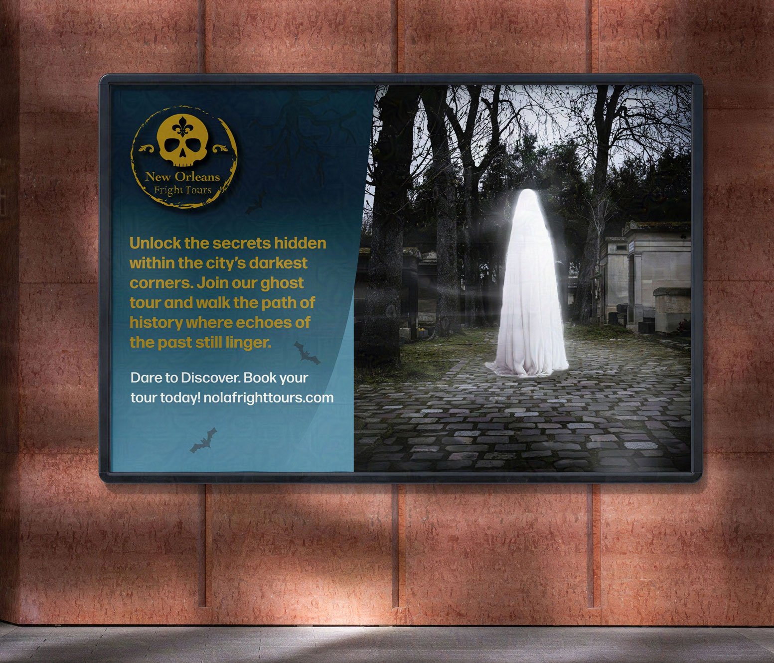 New Orleans Fright Tours billboard shows a glowing white ghost in a dark cemetery, with cobblestones and eerie trees beside tour details.