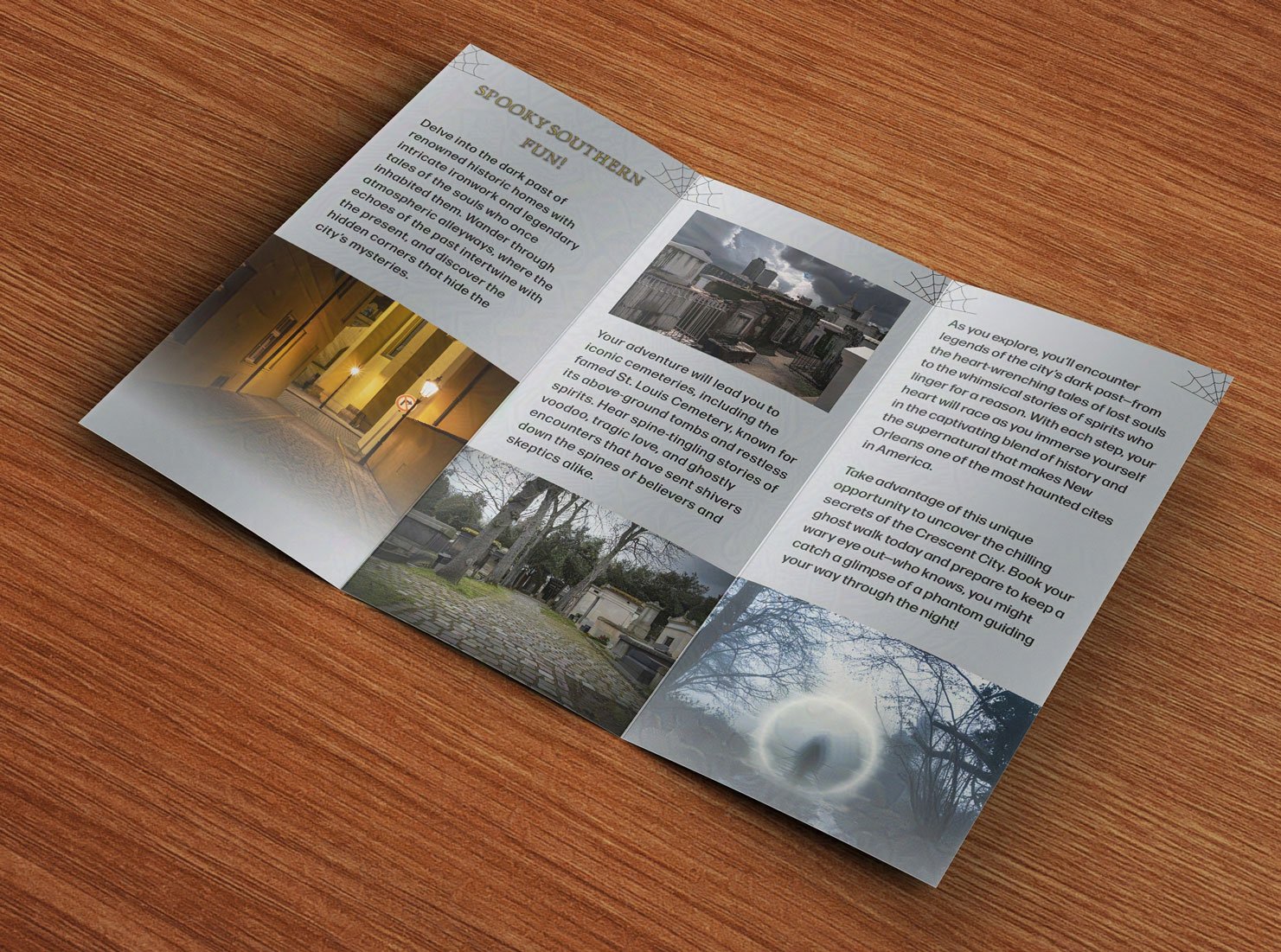 Open ghost tour brochure on a wooden floor, featuring text and photos of cemeteries, an alley lit by lamplight, trees, and misty scenery.