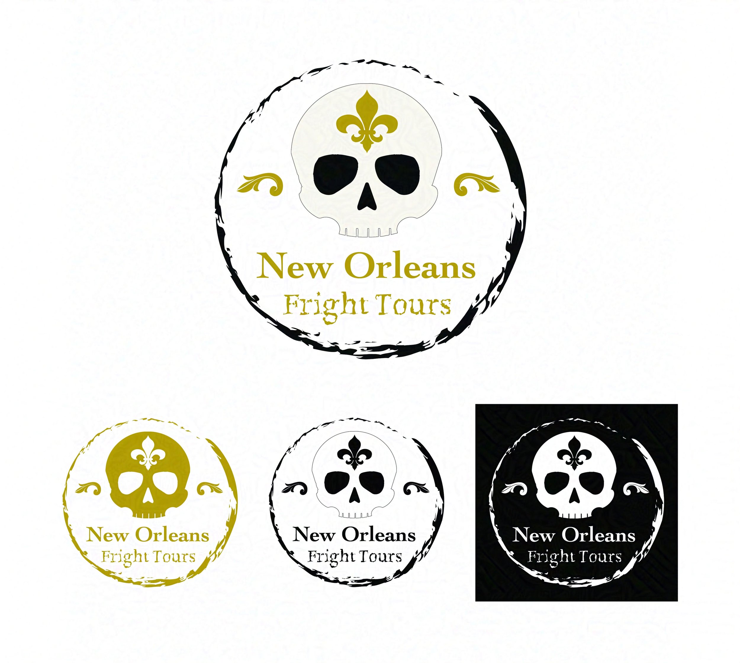 New Orleans Fright Tours logo shows a skull, fleur-de-lis, and ornamental flourishes inside a distressed circular border; three eerie color variants.