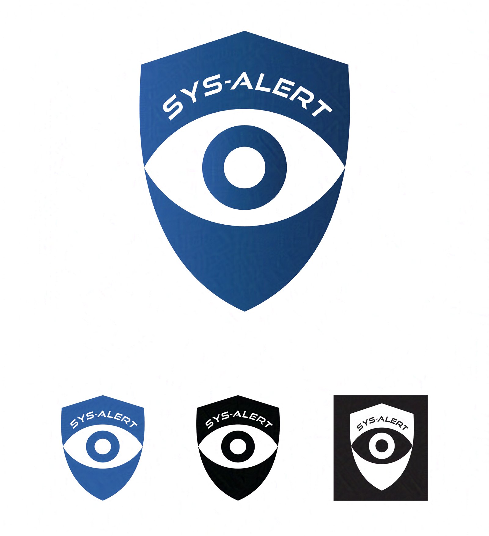 A shield-shaped logo with a stylized eye and the text SYS-ALERT above it. The logo appears in four color variations: blue, white on blue, white on black, and white on black backgrounds.