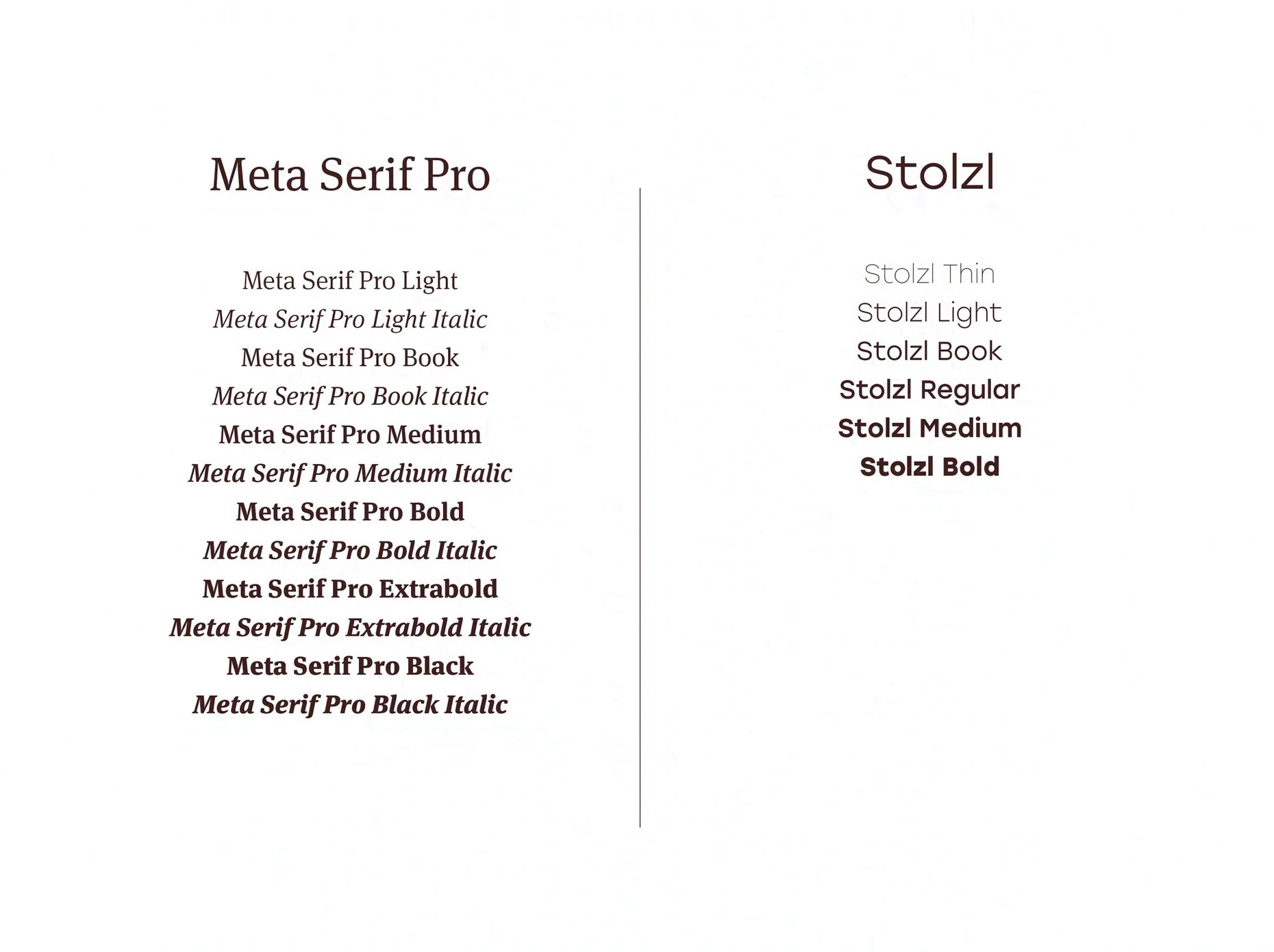 Comparison of Meta Serif Pro and Stolzl font families showcasing various weights and italic styles.