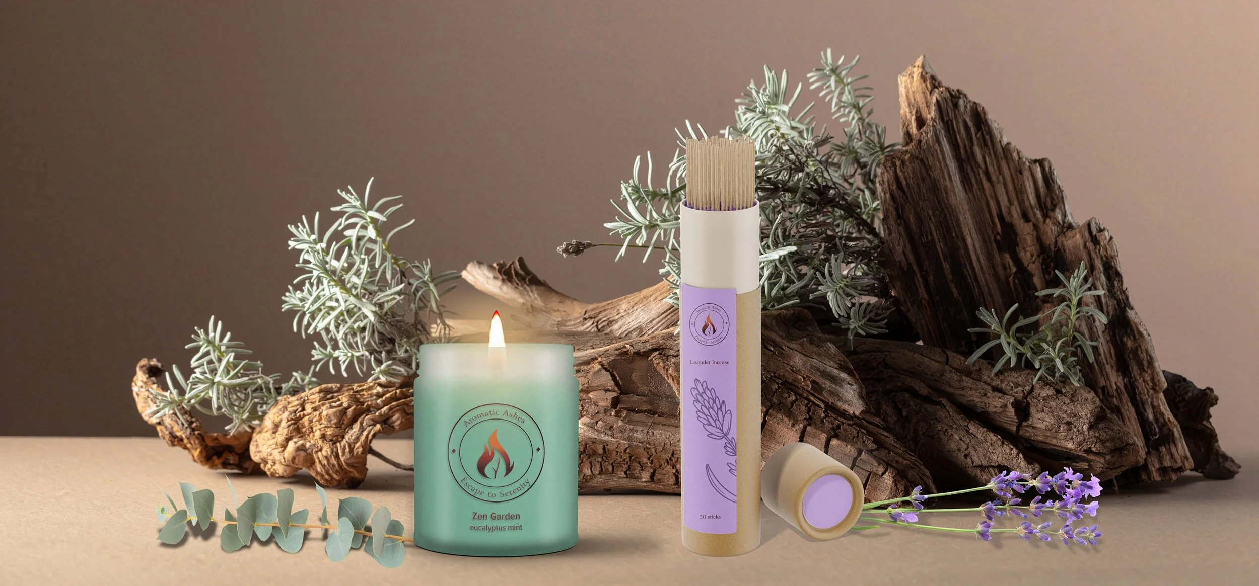 A serene scene with a lit teal candle and lavender incense sticks beside driftwood and leafy sprigs. Purple lavender flowers and eucalyptus leaves add a calming touch.