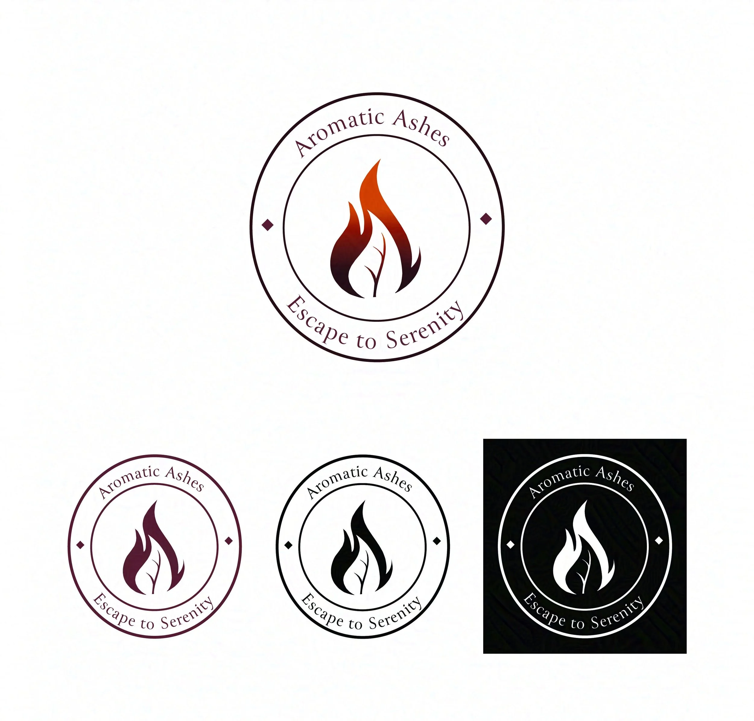 Circular logo with stylized flame and text "Aromatic Ashes, Escape to Serenity." Variations include maroon, black, and white themes, conveying warmth and tranquility.