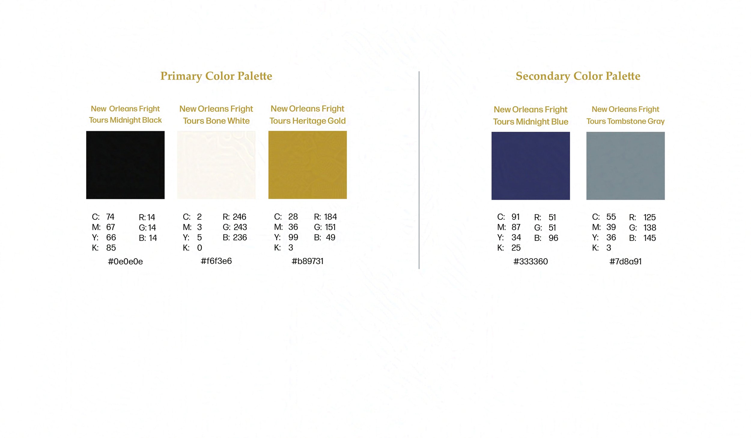 Color palette chart with primary black, cream, and deep gold swatches, plus secondary dark purple and gray-blue tones with color codes.