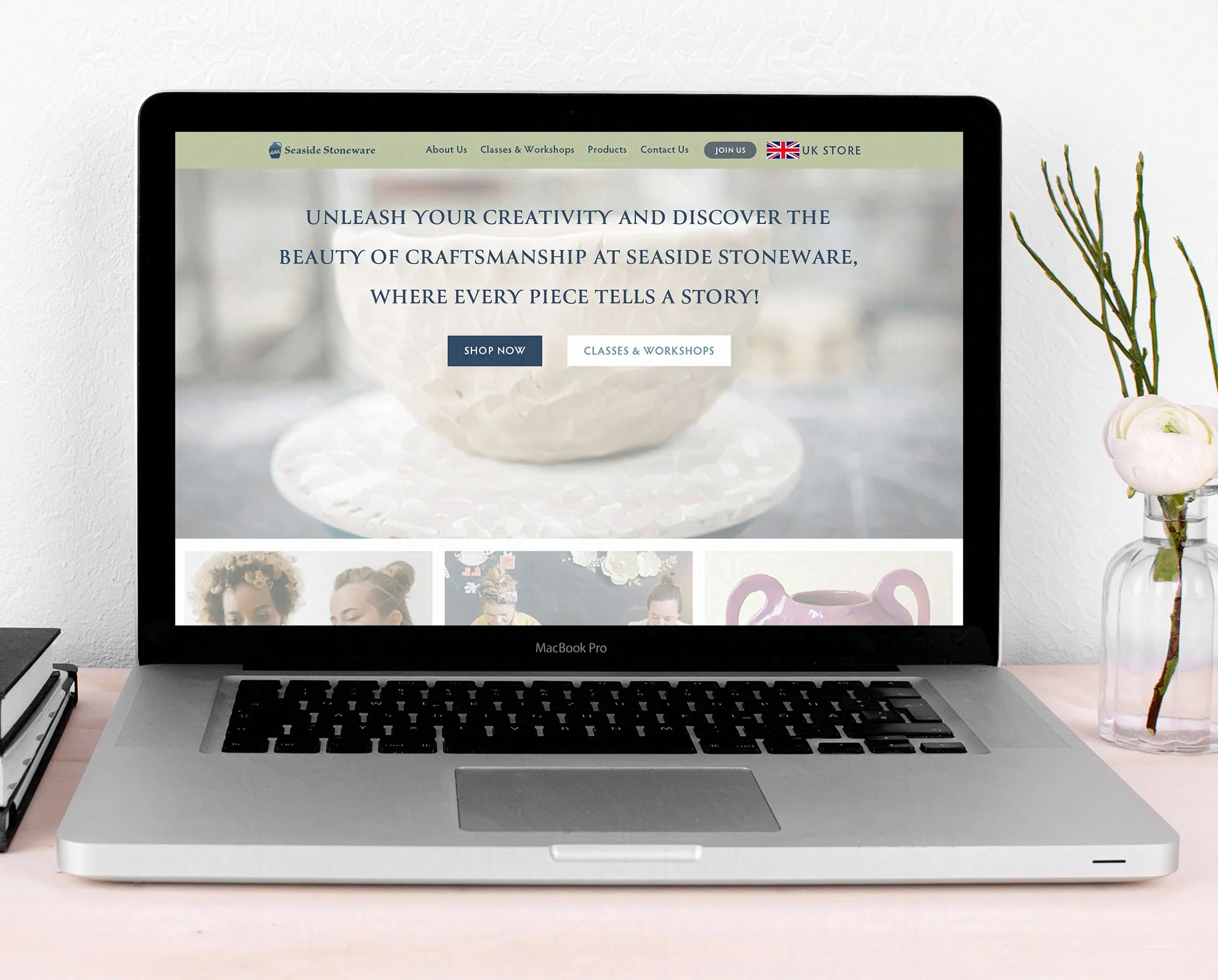Laptop on a desk displaying Seaside Stoneware website promoting pottery classes, workshops, and products.