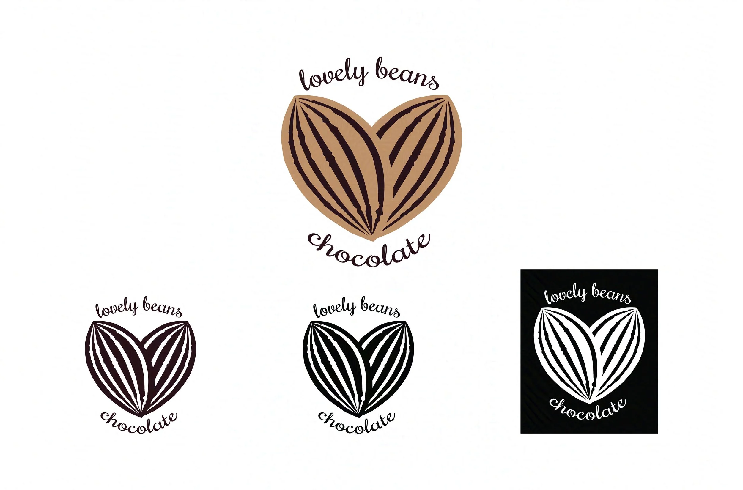 Four logos of "Lovely Beans Chocolate" featuring a stylized cacao bean shaped as a heart. Two are different shades of brown, two are black and white, each with script text.