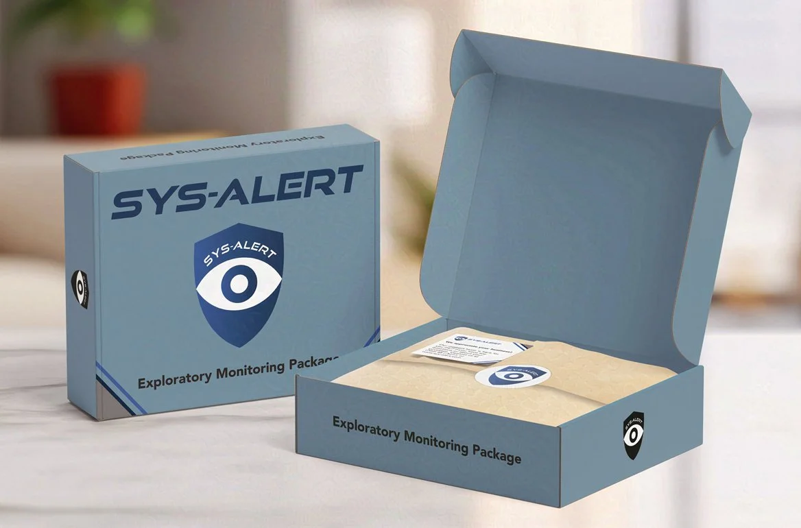 A blue box labeled SYS-ALERT Exploratory Monitoring Package sits open, revealing its contents, with a logo featuring an eye and a shield. Another closed box with the same branding is next to it on a table.