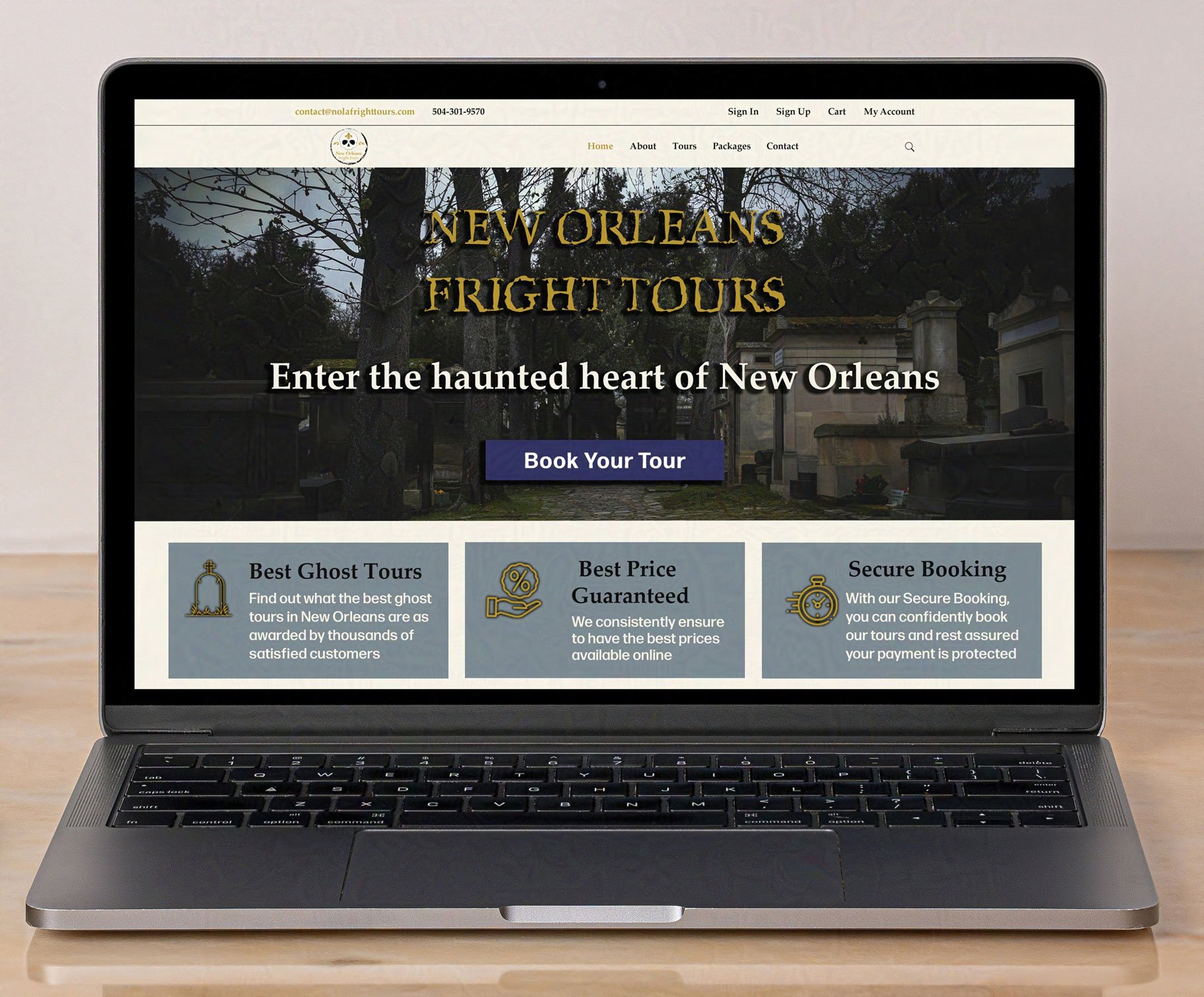 Laptop displays a New Orleans Fright Tours website featuring a haunted cemetery, “Book Your Tour” button, ghost tours, and eerie messaging.