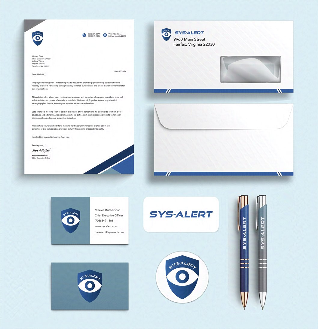 Sys-Alert branded stationery set on a light background, including a letterhead, envelope, business cards, sticker, and two pens, all featuring a blue shield and eye logo with modern blue and white color scheme.