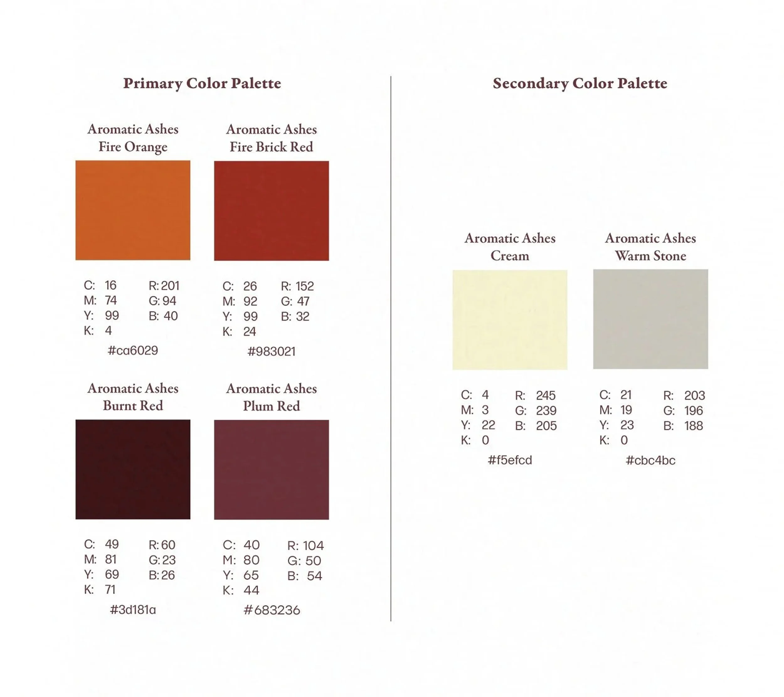 Color palette chart showing Aromatic Ashes primary colors Fire Orange, Fire Brick Red, Burnt Red, Plum Red, and secondary colors Cream, Warm Stone with CMYK, RGB, and web color codes for each color.