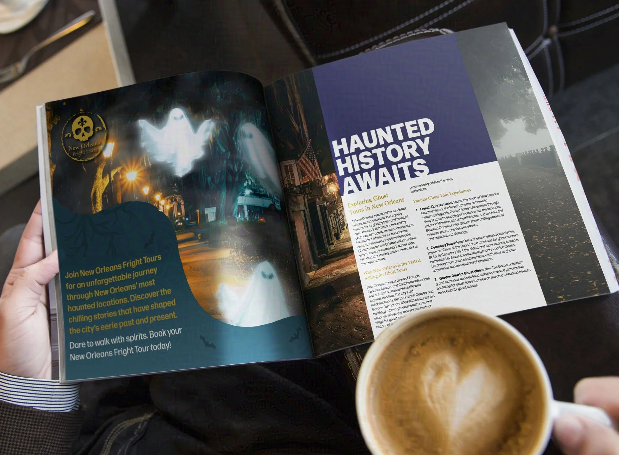 Open magazine featuring an ad for "New Orleans Fright Tours” and the haunted history of New Orleans, beside a latte, creating a cozy, eerie mood.