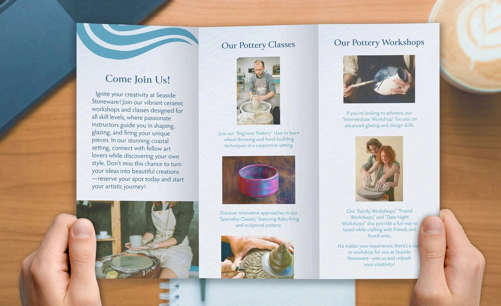 Hands holding a tri-fold brochure for Seaside Stoneware, featuring pottery classes and workshops with colorful images and text.