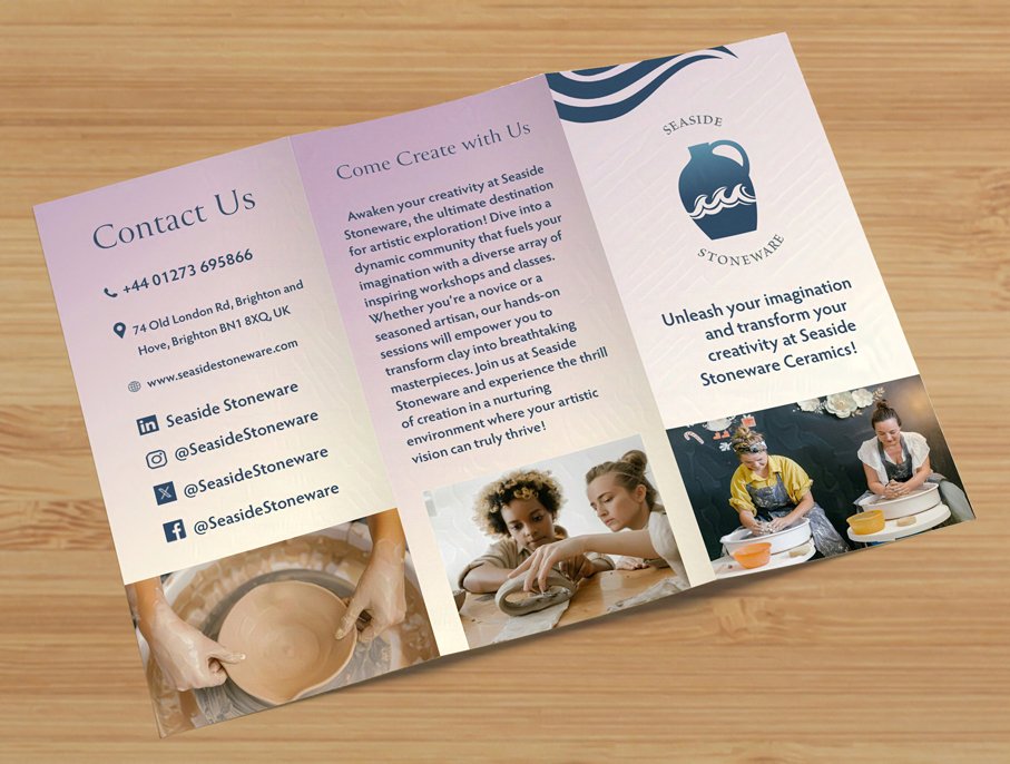 Trifold brochure for Seaside Stoneware ceramics, featuring contact info, a creative invitation, logo, and photos of pottery-making sessions.