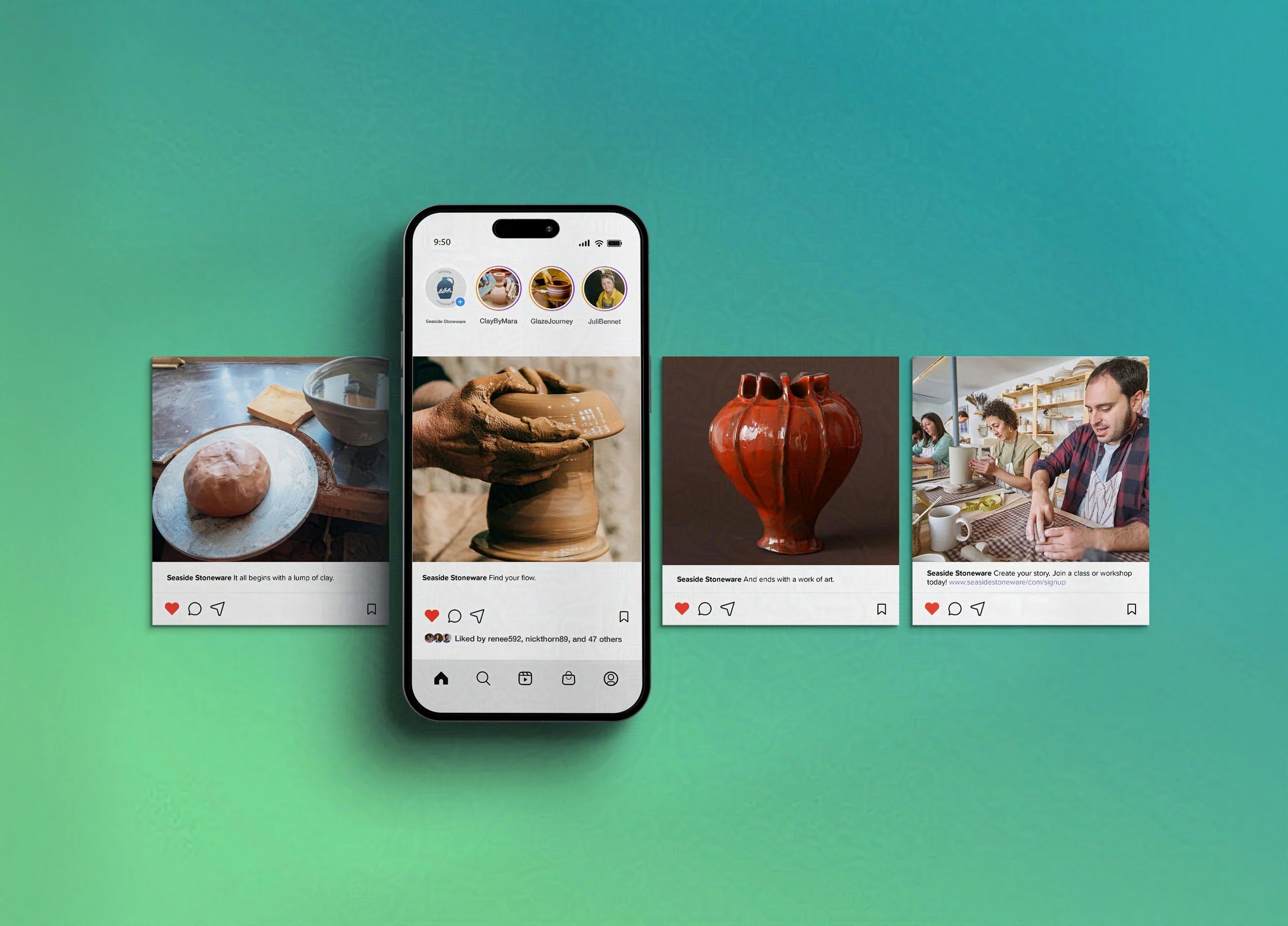 A smartphone displays a detailed Instagram carousel of a handmade pottery advertisement, highlighting creativity and craftsmanship.