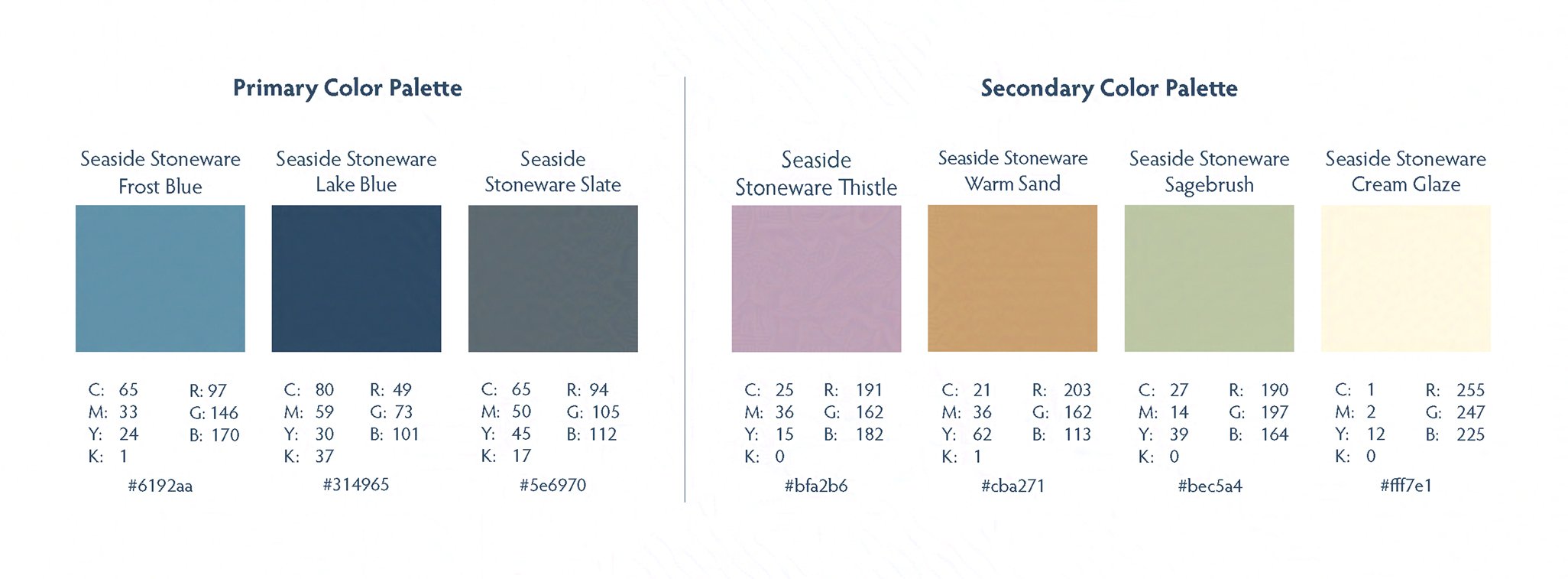 Color palette chart showing primary colors: Frost Blue, Lake Blue, Slate; and secondary colors: Thistle, Warm Sand, Sagebrush, Cream Glaze with CMYK, RGB, and web color codes.