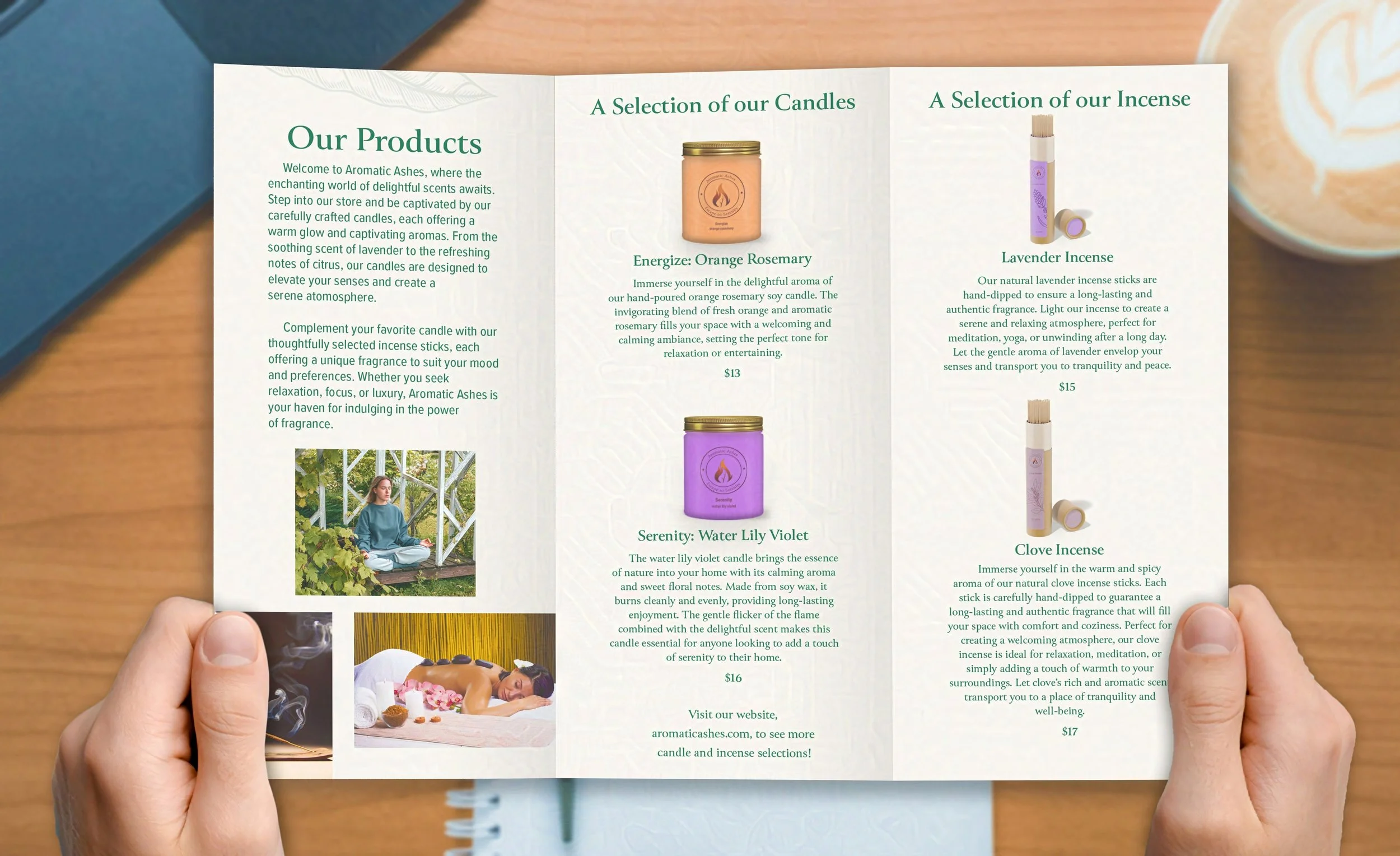 Brochure showing a product selection from a wellness brand. It features descriptions and images of candles and incense, with soothing colors and a serene setting, including a woman meditating and a couple relaxing.