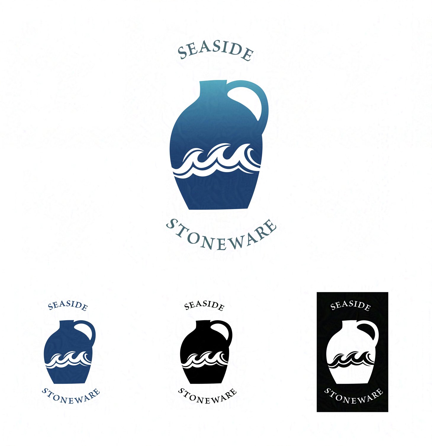 Logo featuring a gradient blue jug with wave design, encircled by the text "Seaside Stoneware." Variations in blue, black, and white on different backgrounds.
