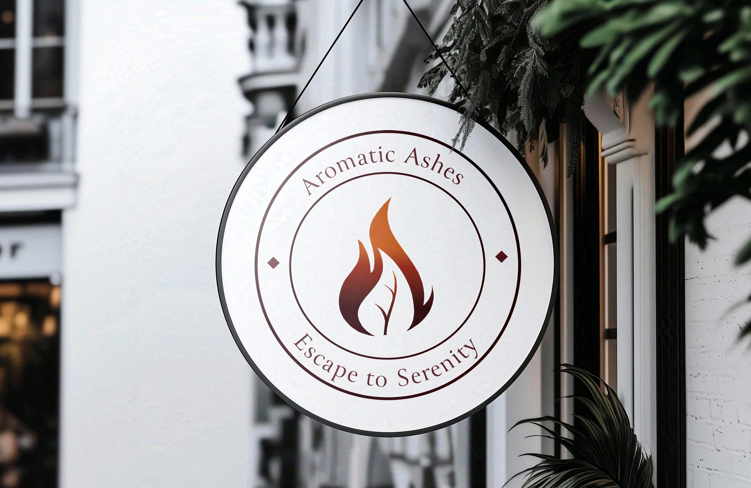 Sign for Aromatic Ashes featuring a flame logo and the text 'Escape to Serenity' in an elegant font.